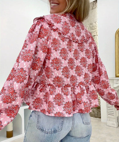 CLEARANCE: Pink Floral tie front blouse cropped ruffle bottom