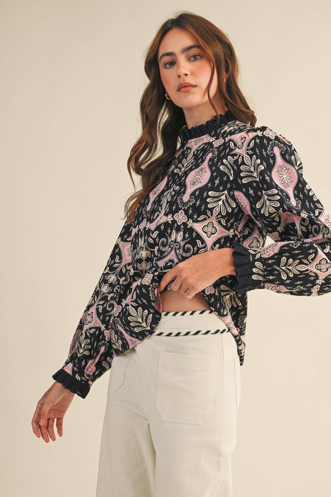 RUFFLE LACE TRIM MOCK NECK TOP