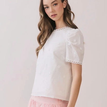 TCEC floral embroidered white puff sleeve blouse