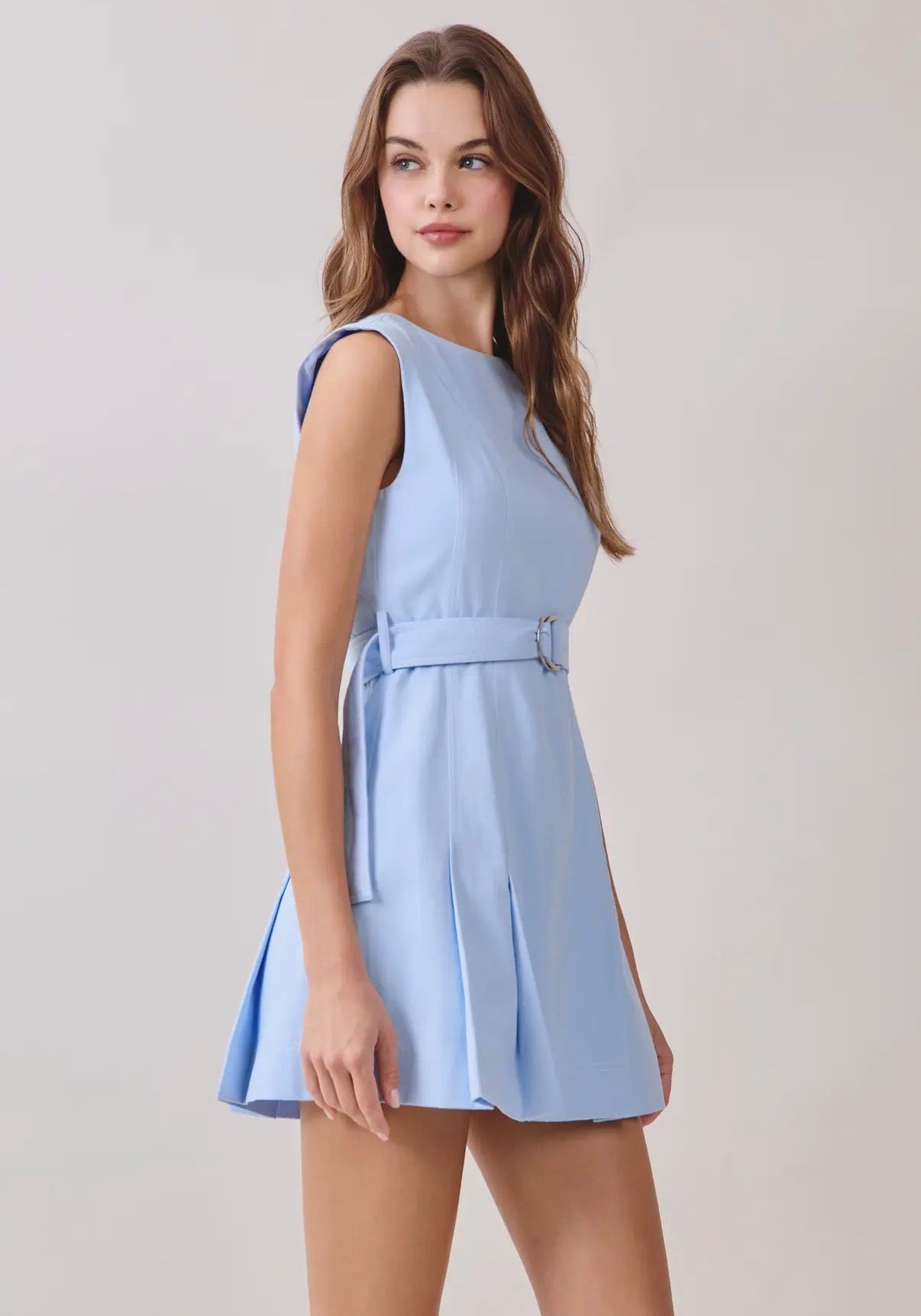 TCEC Contrast Topstitching Front Pleat belted mini dress - blue