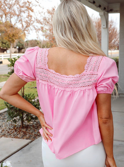 100% cotton lace trim button down blouse