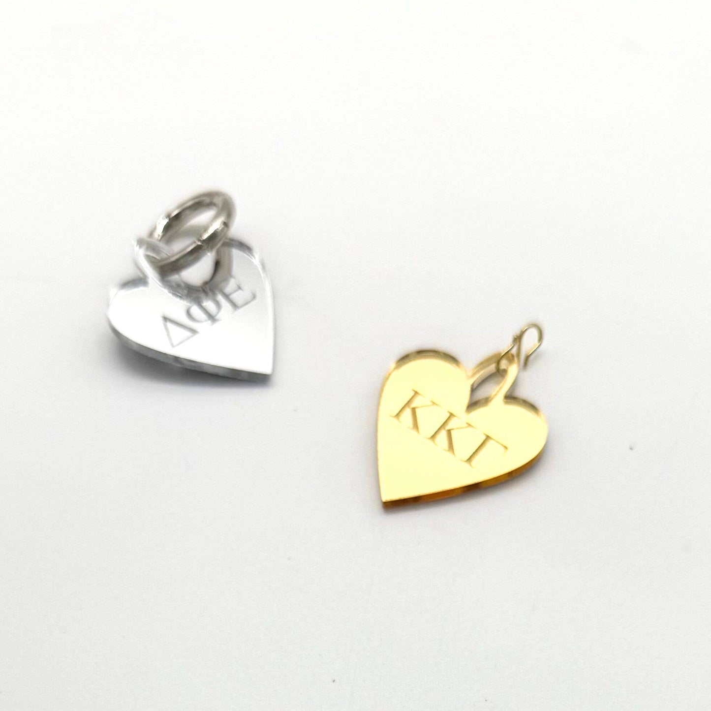 Acrylic Sorority Charm - Heart w/ Engraved Greek Letters: Mirror Gold / O Lever Ring Clasp / Alpha Gamma Delta
