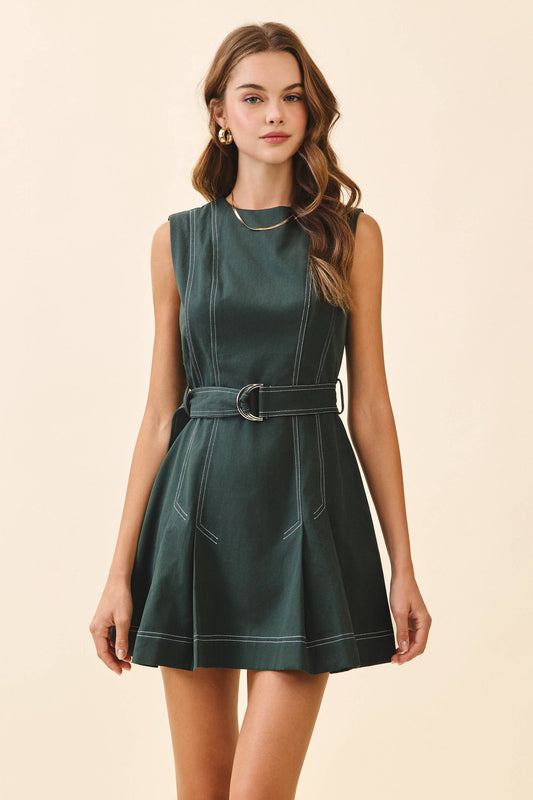 TCEC: Contrast Topstitching Front Pleats Detail Dress : Hunter