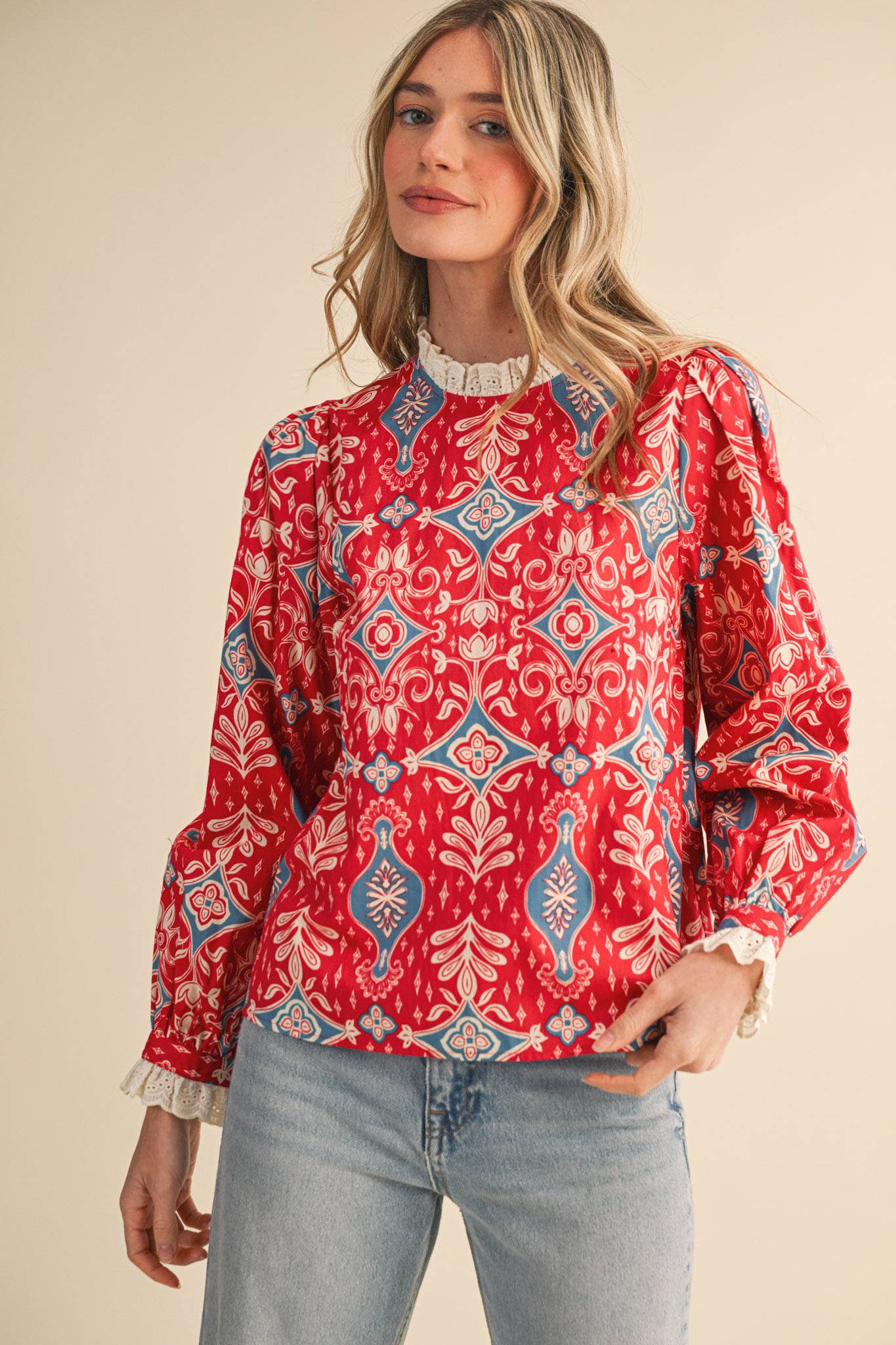 RUFFLE LACE TRIM MOCK NECK TOP