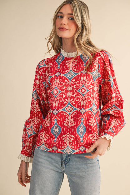 RUFFLE LACE TRIM MOCK NECK TOP