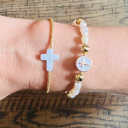 Pearl and gold cross bracelet