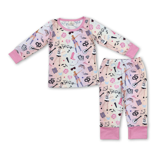 Pink long sleeves guitar singer girls bamboo pajamas: Pink / 3T