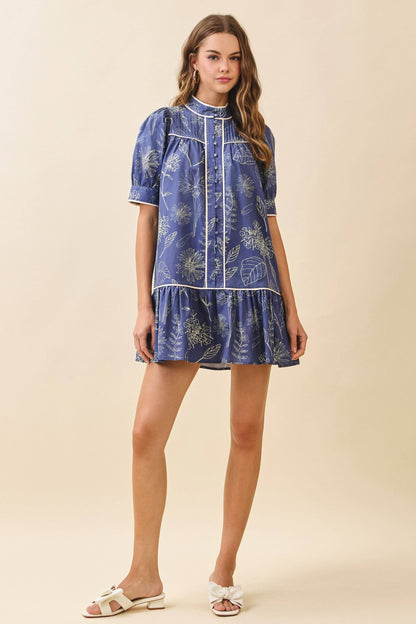 TCEC Floral Print High Band Collar Piping Trim Dress