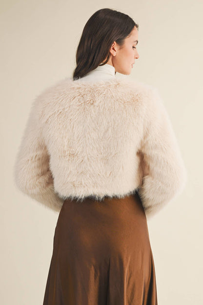 Cream CROPPED FAUX FUR JACKET