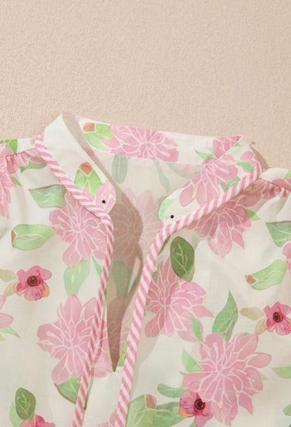 Pink and green floral blouse with pinstripe trim