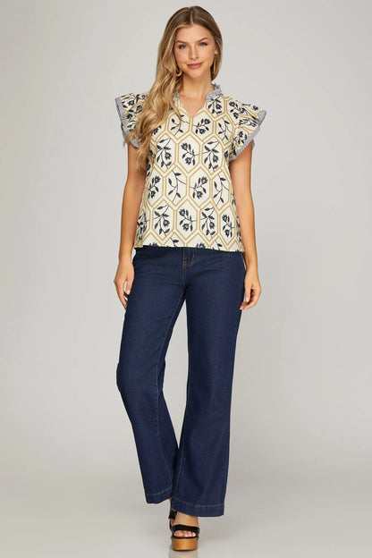 FLUTTER SLEEVE WOVEN EMBROIDERED TOP
