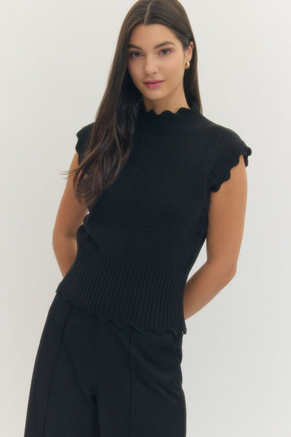 Entro - Scallop Trim Ribbed Waist Top / BLACK