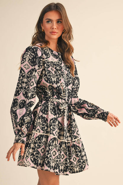EXCLUSIVE PRINT LONG SLEEVE BUTTON DOWN MINI DRESS