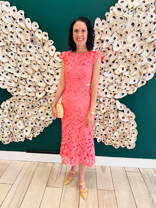 Adelyn Rae: Portia 3D Lace Cap Sleeve Midi Dress: Coral