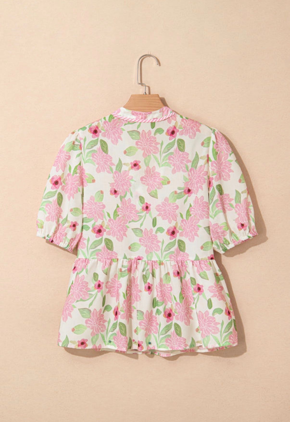 Pink and green floral blouse with pinstripe trim