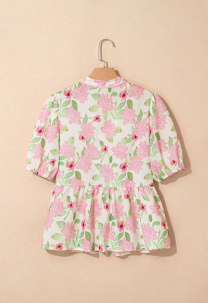 Pink and green floral blouse with pinstripe trim