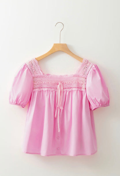100% cotton lace trim button down blouse