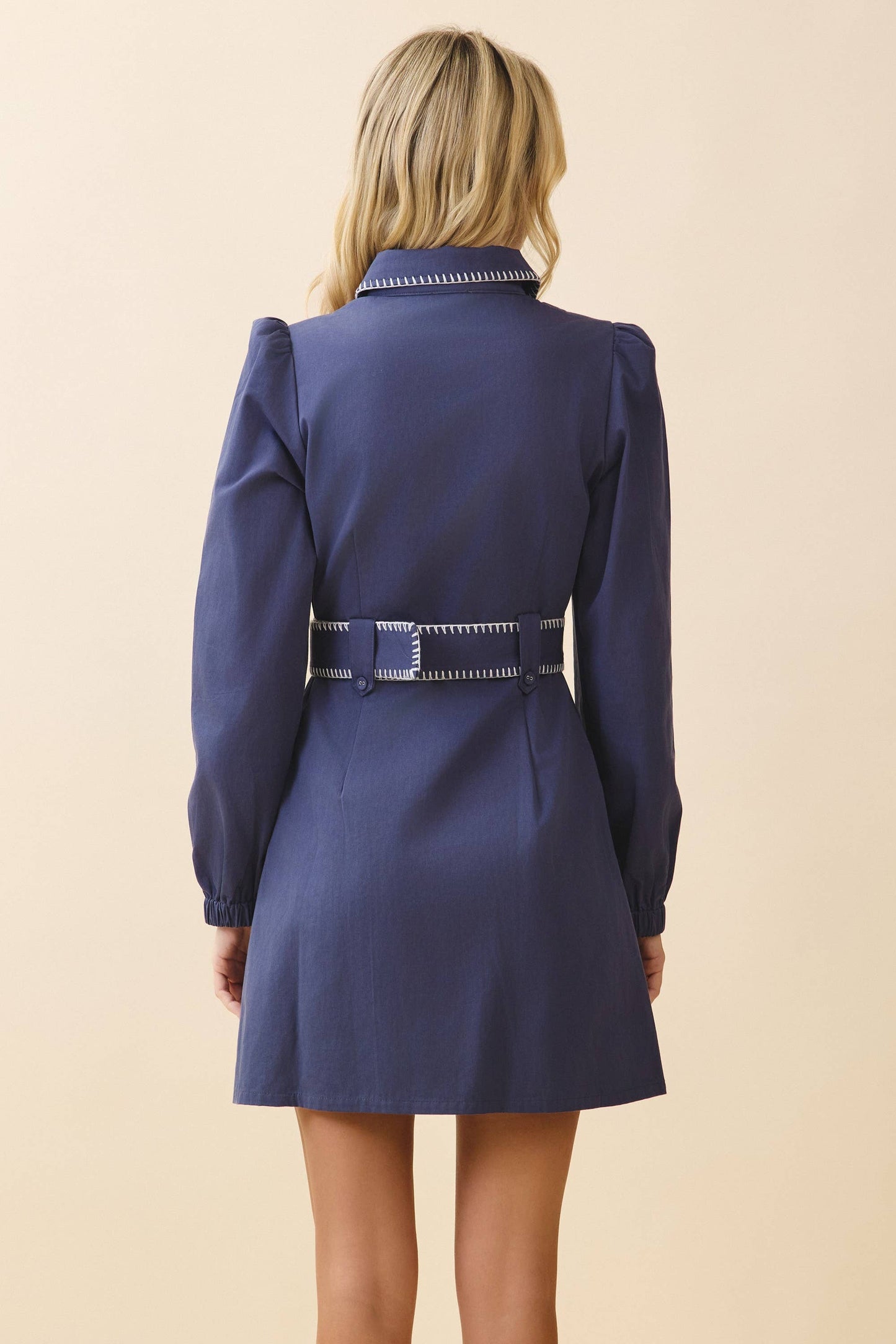 TCEC: Contrast Whipstitch Belted Waist Shirt Dress