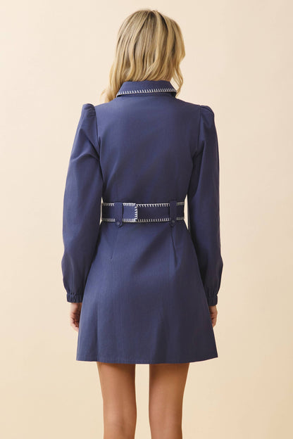 TCEC: Contrast Whipstitch Belted Waist Shirt Dress
