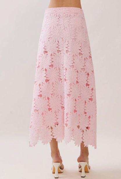 TCEC Floral Lace scalloped hem midi skirt: PINK