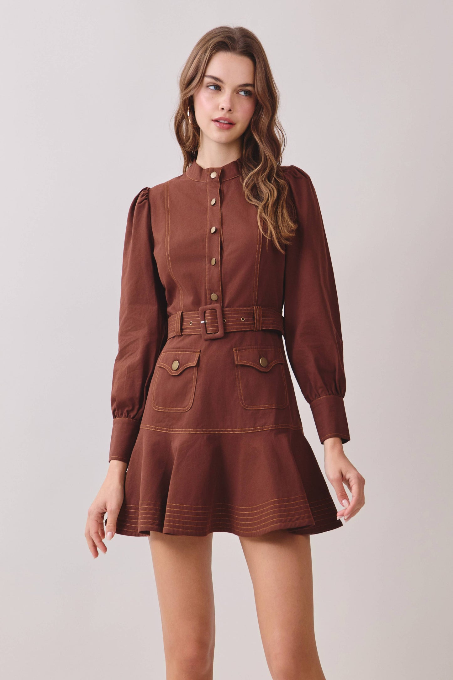 Contrast Topstitching Mock Neck Dress
