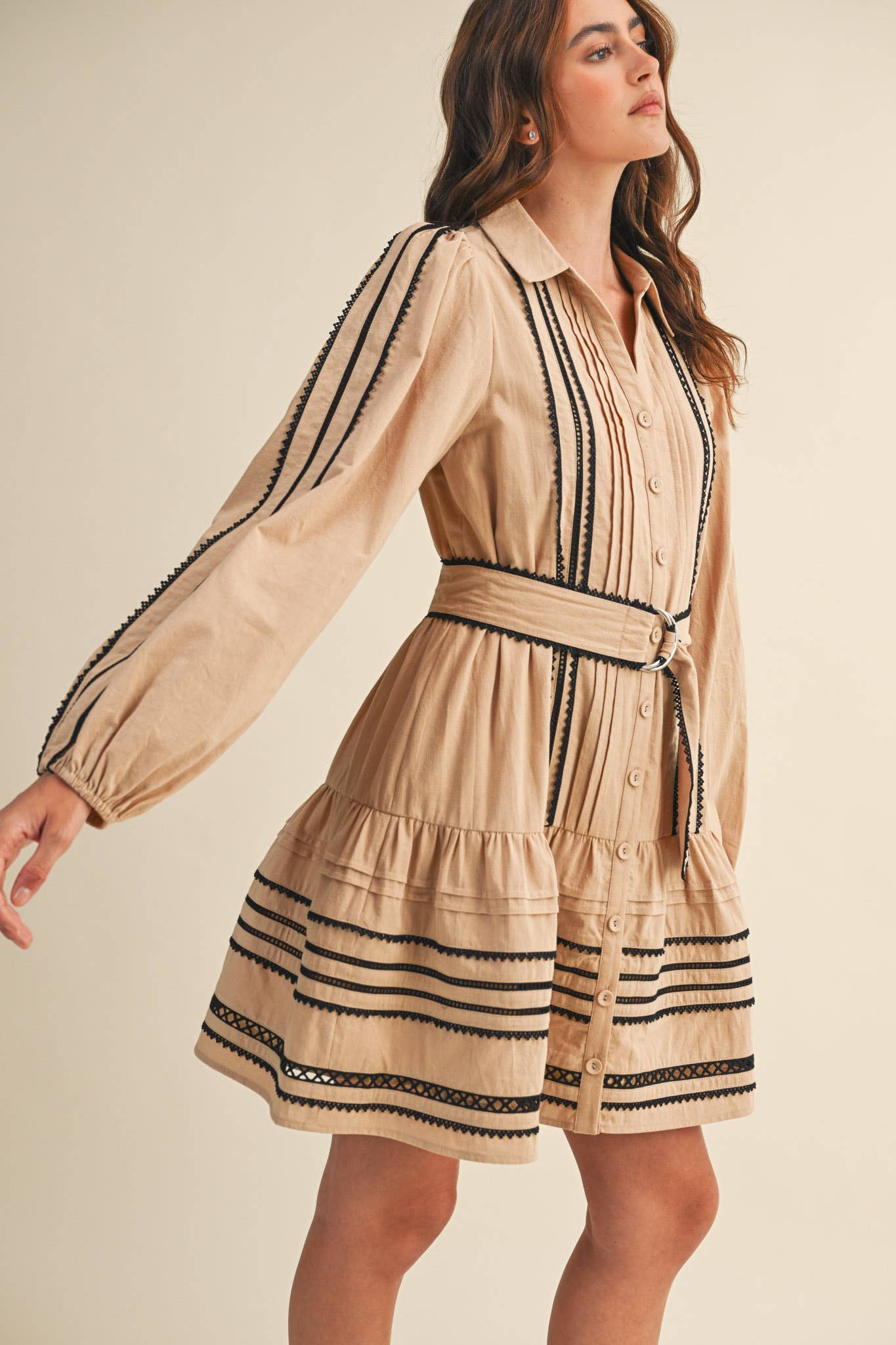 CONTRAST LACE TRIM BELTED MINI DRESS by &Merci