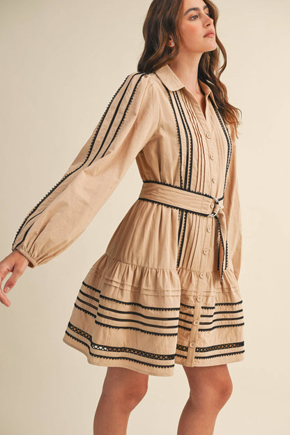 CONTRAST LACE TRIM BELTED MINI DRESS by &Merci