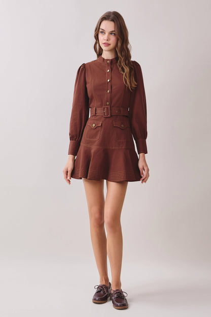Contrast Topstitching Mock Neck Dress