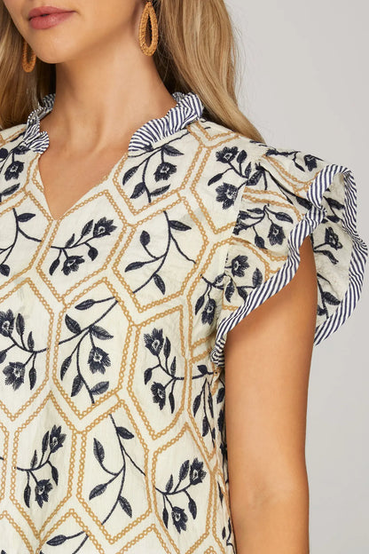 FLUTTER SLEEVE WOVEN EMBROIDERED TOP