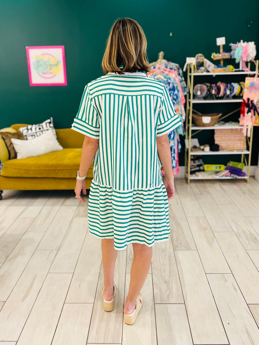 Textured button down green stripe dress with hot pink trim