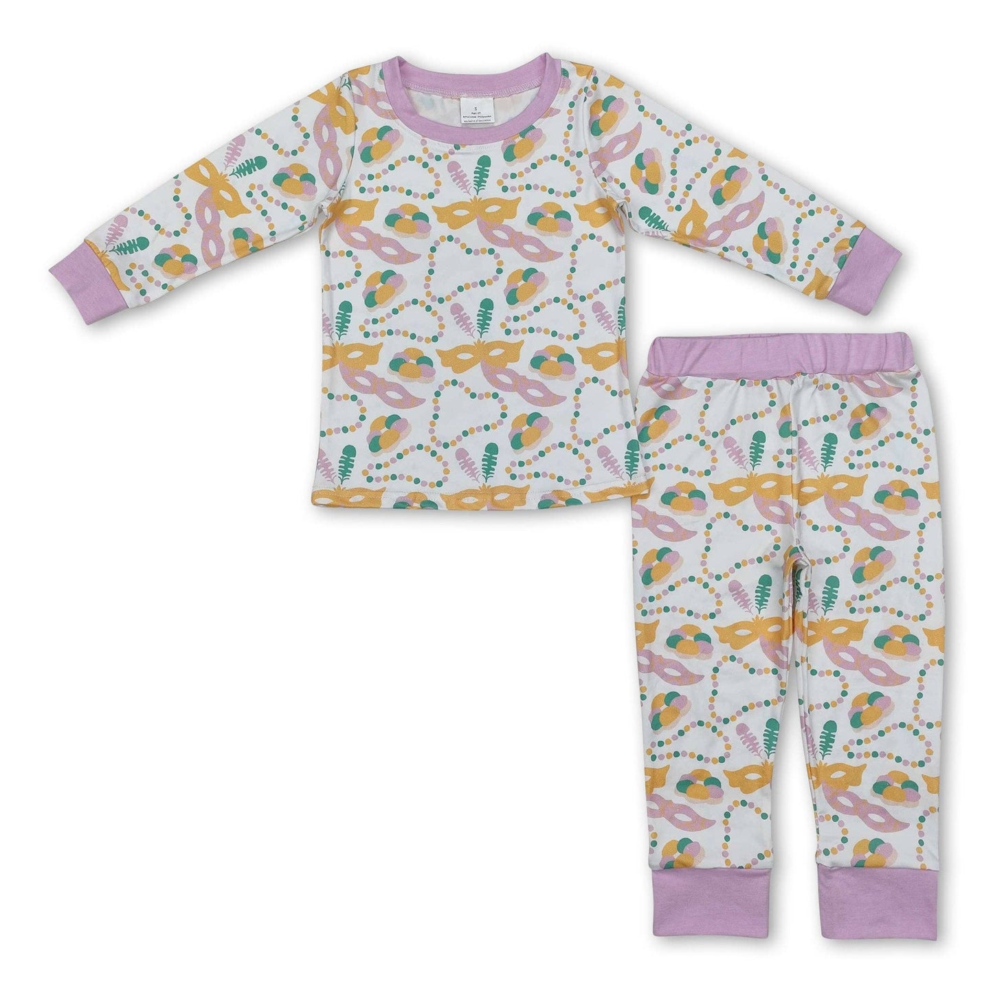 Lavender long sleeves baby kids Mardi Gras pajamas: Set / 3T