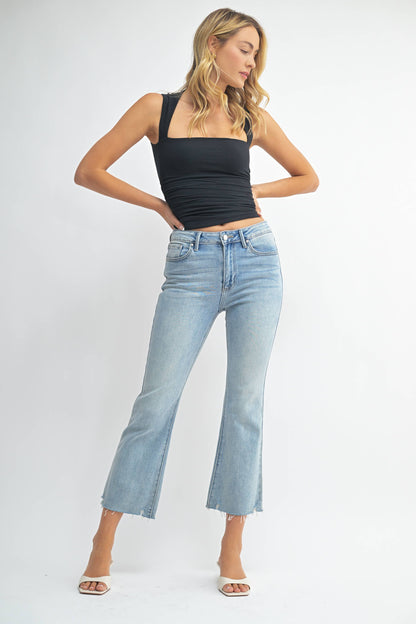 JBD -High Rise Crop Flare w/ Distressed Hem: Light Denim