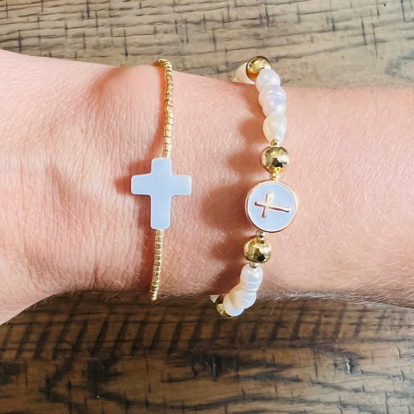 Gold beaded cross bracelet