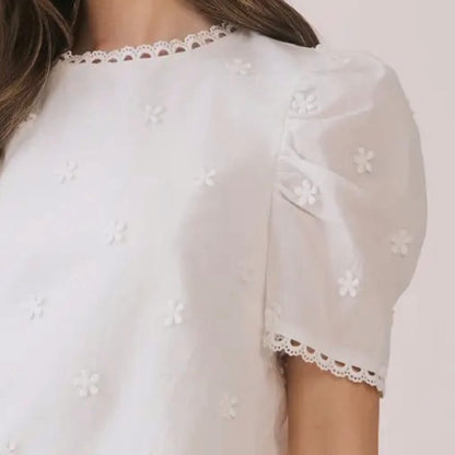 TCEC floral embroidered white puff sleeve blouse