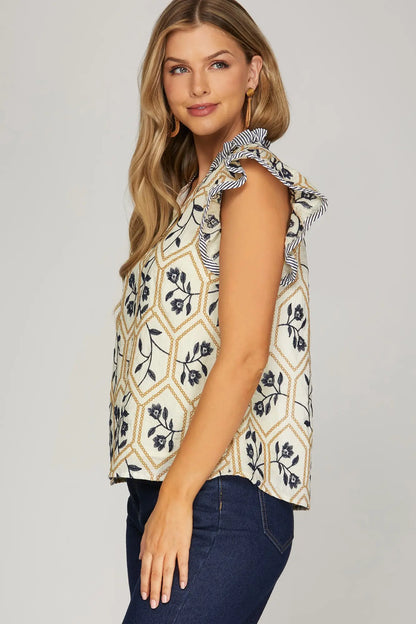 FLUTTER SLEEVE WOVEN EMBROIDERED TOP