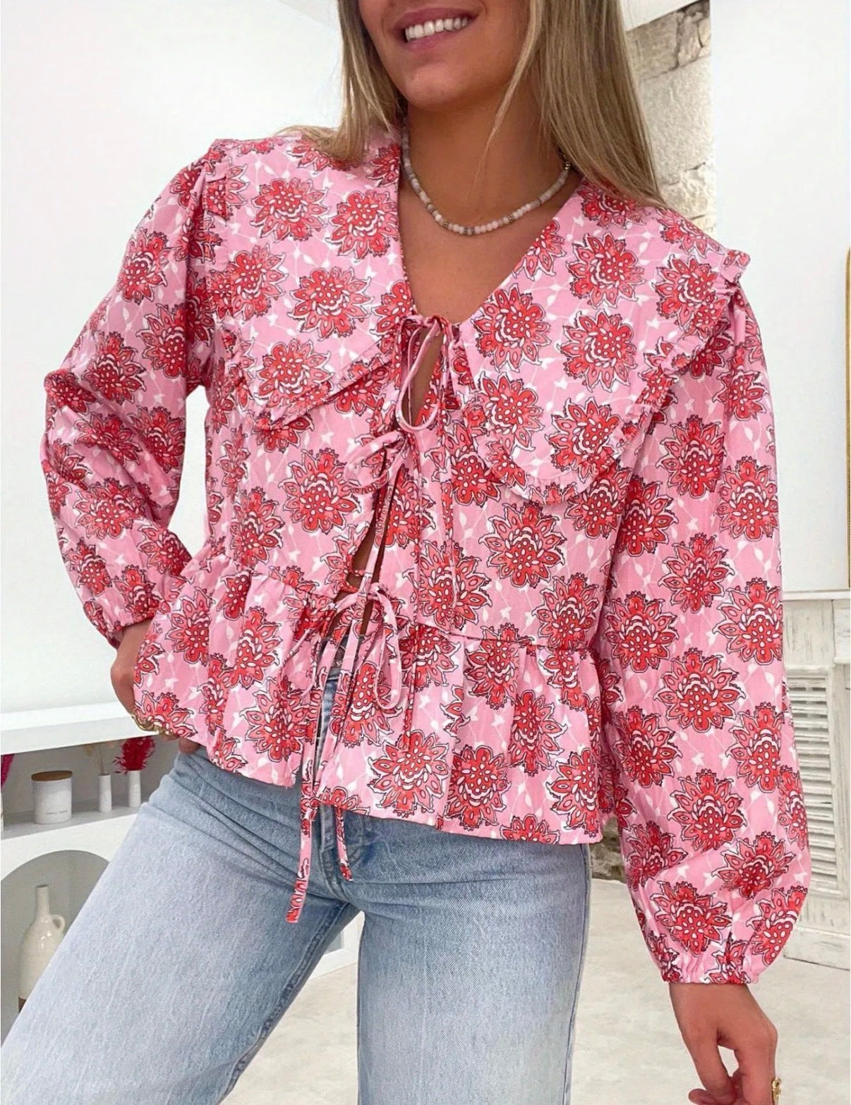 CLEARANCE: Pink Floral tie front blouse cropped ruffle bottom