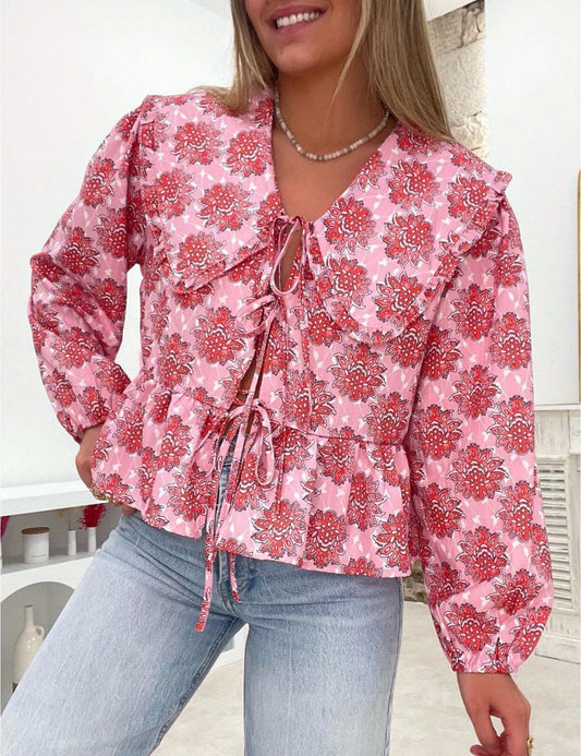 Pink Floral tie front blouse cropped ruffle bottom