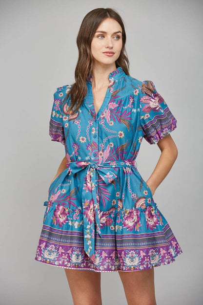 FATE: SELF SASH RUFFLED V-NECK SHORT SLEEVE MINI DRESS