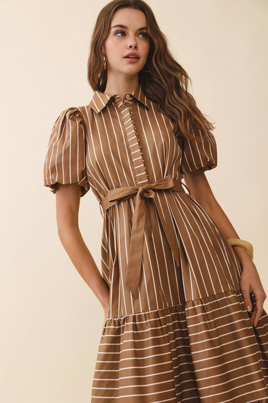 TCEC Striped Collared Neck Button Down Waist Belt Dress