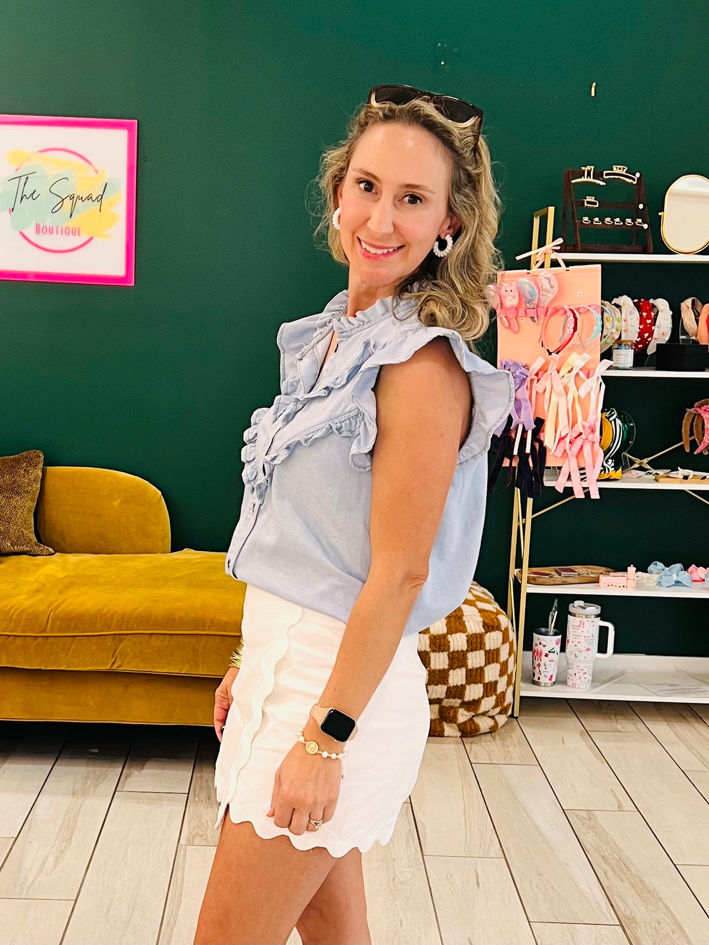 Denim Ruffle button down blouse