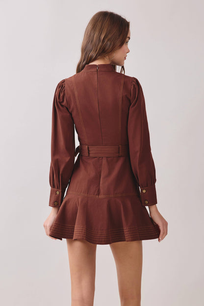 Contrast Topstitching Mock Neck Dress