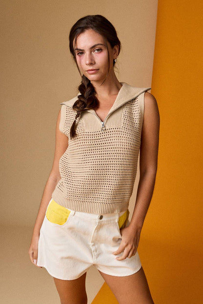 Open Knit Zip Collar Sleeveless Sweater -