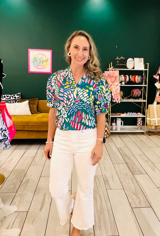 The Ashton green abstract tie sleeve blouse