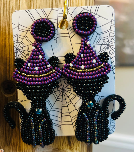 Black Cat Wizard beaded earrings