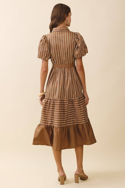 TCEC Striped Collared Neck Button Down Waist Belt Dress