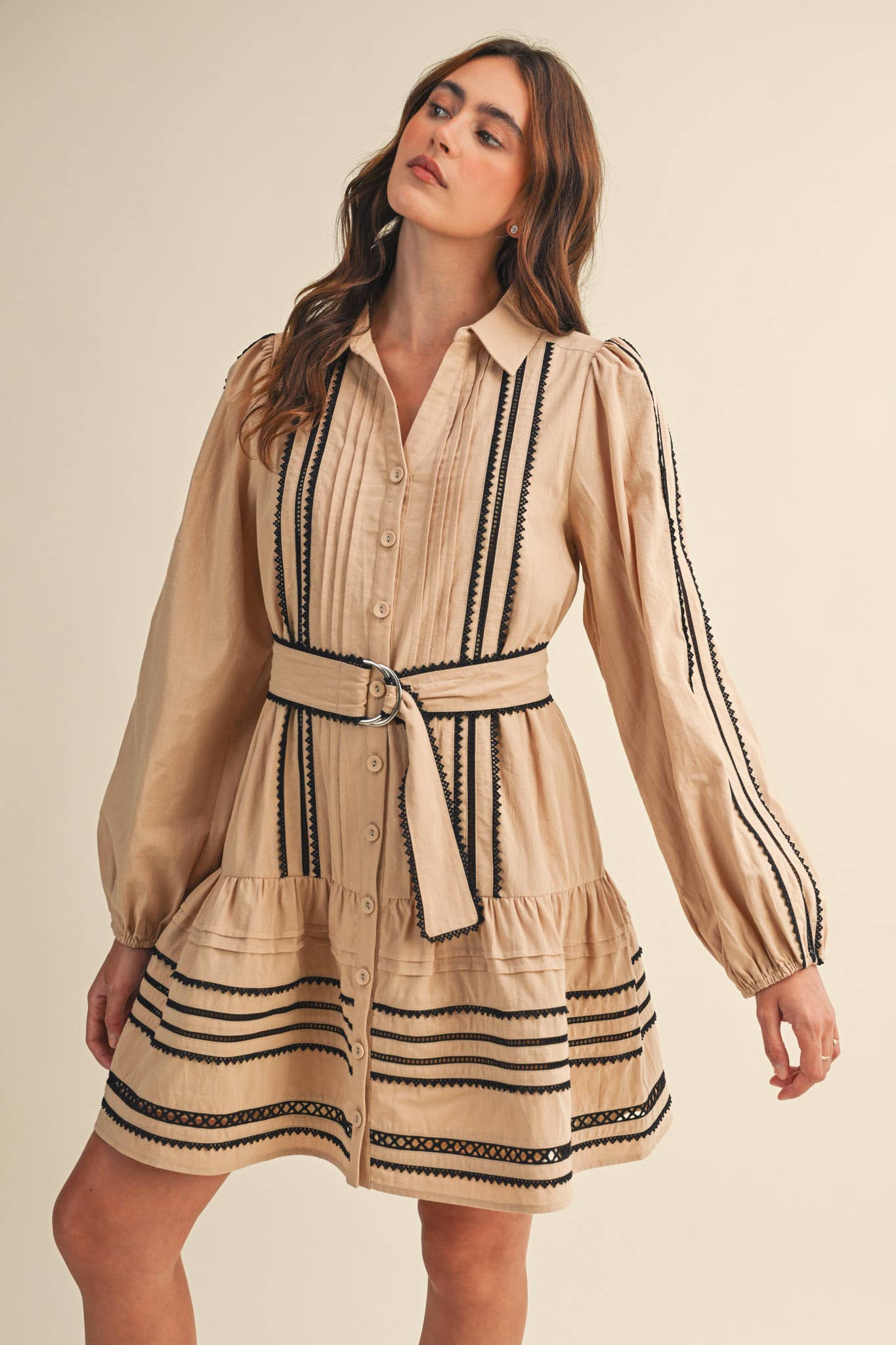 CONTRAST LACE TRIM BELTED MINI DRESS by &Merci
