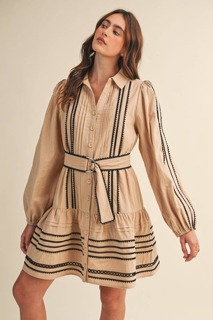 CONTRAST LACE TRIM BELTED MINI DRESS by &Merci