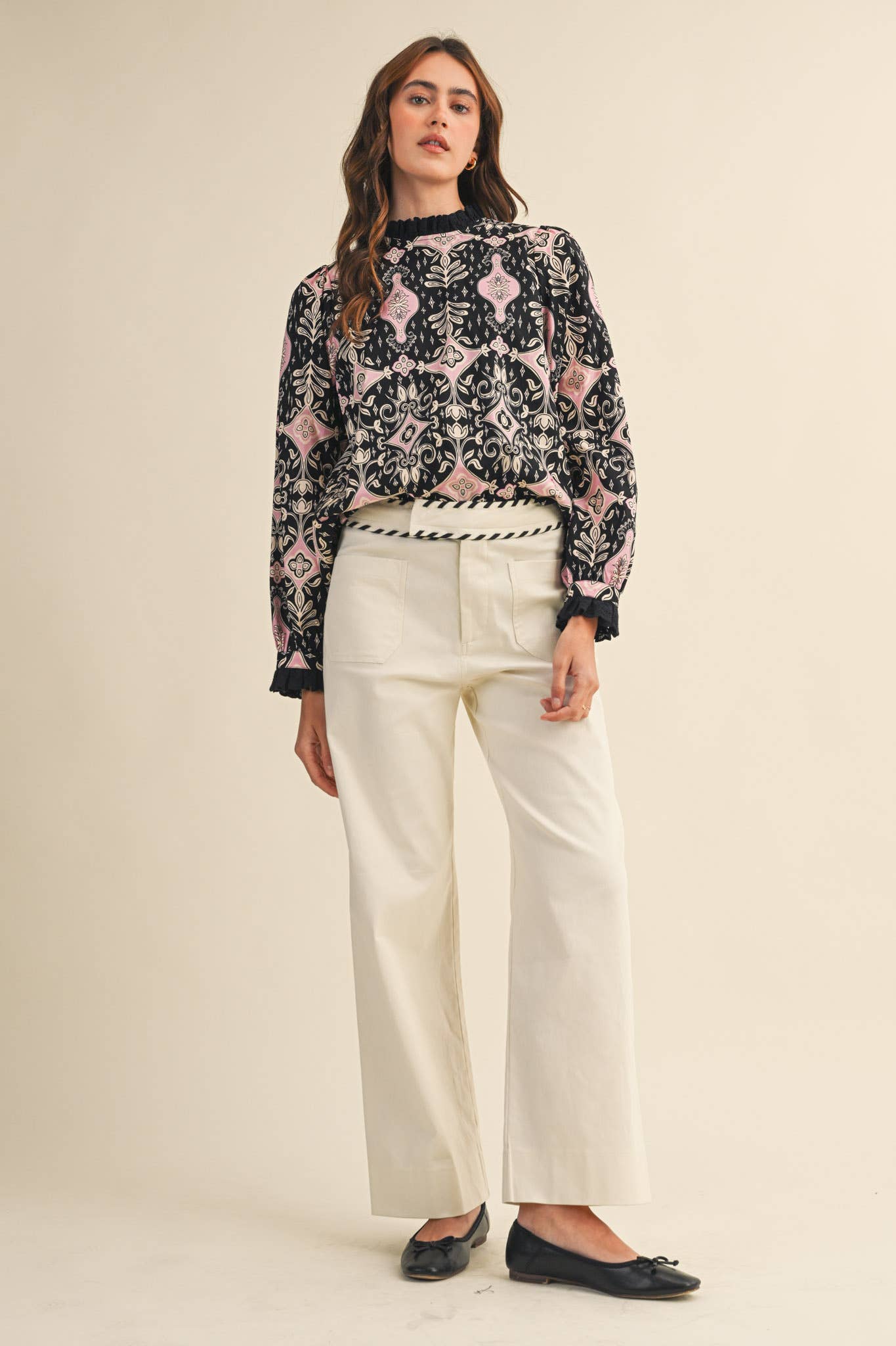 RUFFLE LACE TRIM MOCK NECK TOP