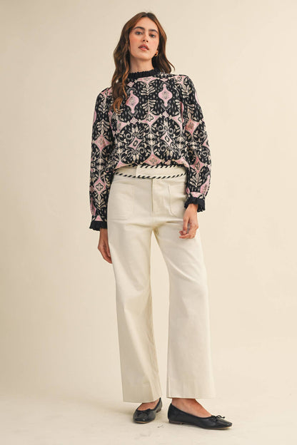 RUFFLE LACE TRIM MOCK NECK TOP