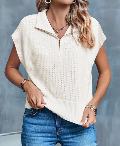 Half zip lightweight cropped knit sweater: bone white
